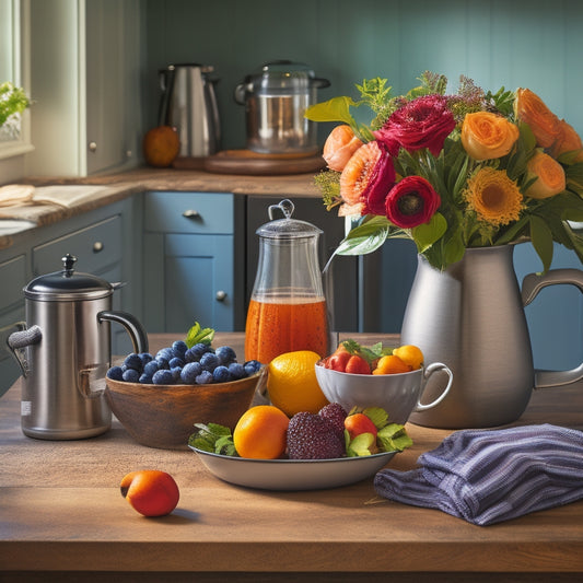 A warm and inviting kitchen scene: a stainless steel coffee maker, a few artisanal mugs, a chef's knife block, a bowl of fresh fruit, and a vase with fresh flowers on a butcher-block island.