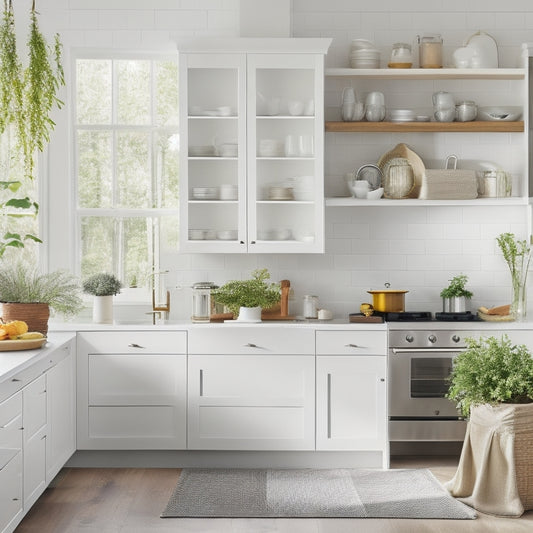 A bright, modern kitchen with sleek white cabinets, open shelves, and a large island, showcasing organized cookware, utensils, and spices, with a few decorative vases and a small potted plant.