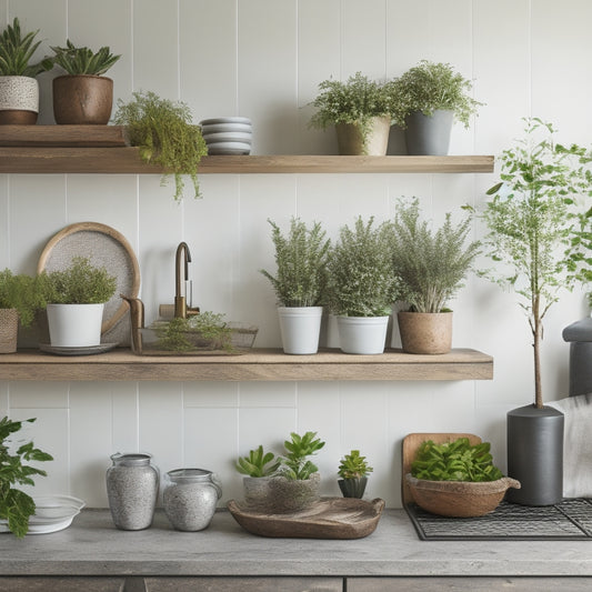 A bright, modern kitchen with reclaimed wood shelves in a weathered gray finish, adorned with potted greenery and a few strategically placed decorative vases, against a crisp white backdrop.