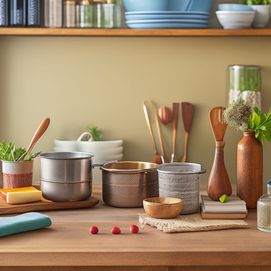 A tidy kitchen countertop with a few cookbooks stacked vertically, a utensil organizer filled with kitchen gadgets, and a wooden spoon lying horizontally alongside a few scattered recipe cards.