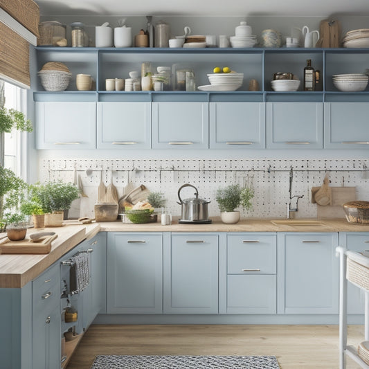 A clutter-free kitchen with a centralized island, built-in shelves, and a pegboard adorned with hanging utensils, surrounded by a minimalist color scheme and plenty of natural light.
