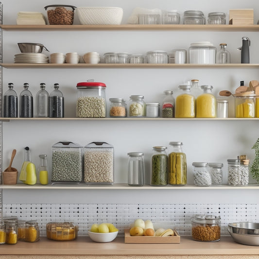 A bright, organized kitchen with open shelves, a pegboard, and a utensil organizer, featuring a mix of glass jars, baskets, and sleek containers in various shapes and sizes.