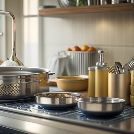 A tidy kitchen drawer with a custom divider system, holding a stacked set of stainless steel pots and pans, lids, and utensils, with soft, warm lighting and a blurred background.