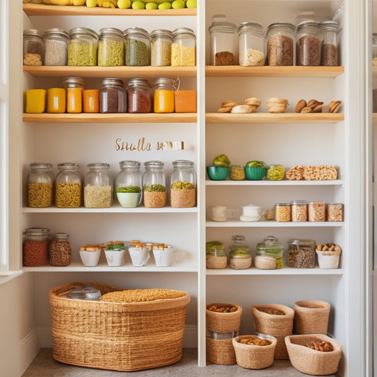 A bright, airy pantry filled with neatly arranged jars, labeled containers, and stacked baskets, showcasing colorful spices, grains, and snacks, complemented by fresh herbs in small pots, creating an inviting and organized space.