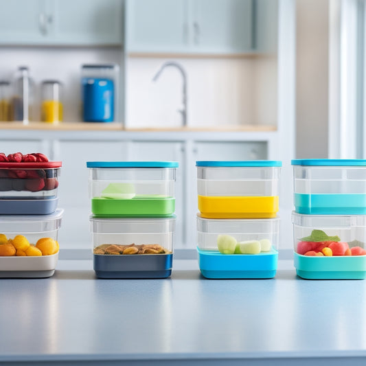 A modular, stackable container system with variously sized, BPA-free, transparent compartments, each with a different colored lid, arranged on a modern, minimalist kitchen countertop with a blurred, neutral background.