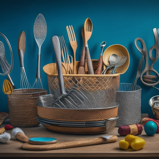 A chaotic kitchen utensil drawer overflowing with a jumbled mess of twisted metal whisks, crumpled silicone spatulas, and tangled cords, with a lone wooden spoon resting precariously on top.