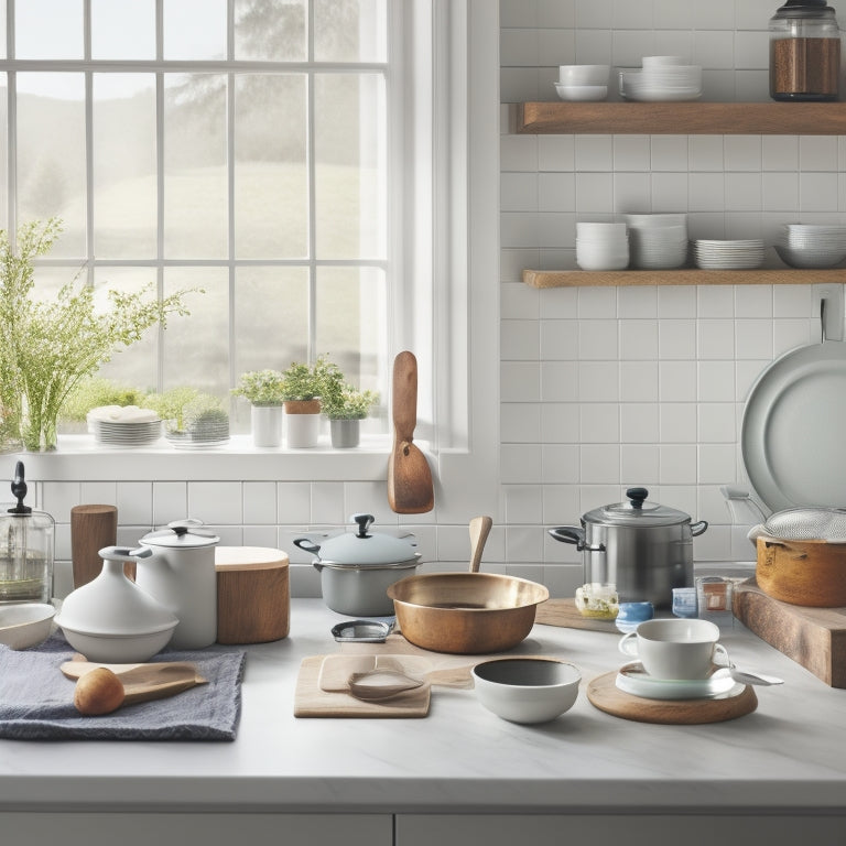 A serene, light-filled kitchen with a limited color palette, featuring a few, carefully chosen essentials: a wooden cutting board, a stainless steel chef's knife, a Le Creuset Dutch oven, and a pour-over coffee maker.