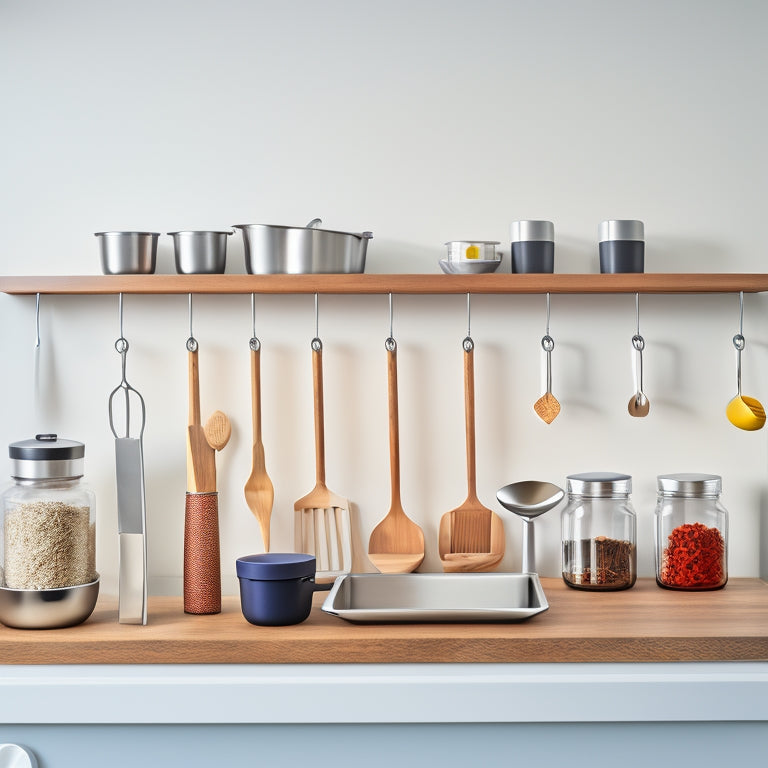 A tidy kitchen counter with a few neatly arranged utensils, a small rotating spice rack, and a minimalist utensil organizer with designated slots, against a clean, white background.