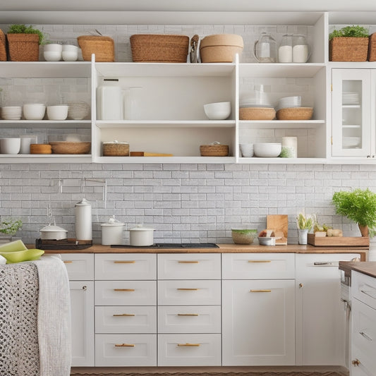 A bright, modern kitchen with white cabinets, warm wooden countertops, and a mix of open and closed storage, showcasing 5-7 DIY storage solutions, including a pegboard, baskets, and shelves.