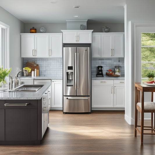 A modern kitchen with sleek, white cabinets, dark hardwood floors, and a large, stainless steel LG refrigerator with French doors and an ice dispenser, set against a bright, natural light-filled backdrop.