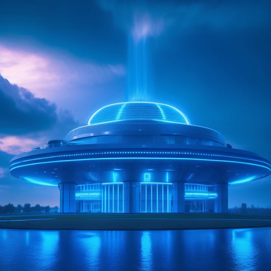 A futuristic, sleek academy building with glowing blue circuits and neon lights infused into its architecture, surrounded by swirling clouds of code and orbiting robotic drones.