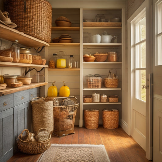 A warm, inviting pantry with soft golden lighting, distressed wooden shelves, and vintage-inspired metal baskets, surrounded by crisp white walls and a rich, dark hardwood floor.