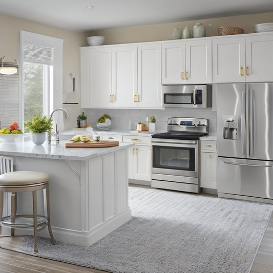 A bright, modern kitchen with cream cabinets, stainless steel appliances, and a white quartz countertop, featuring a corner carousel, a lazy Susan, and a pull-out storage unit.