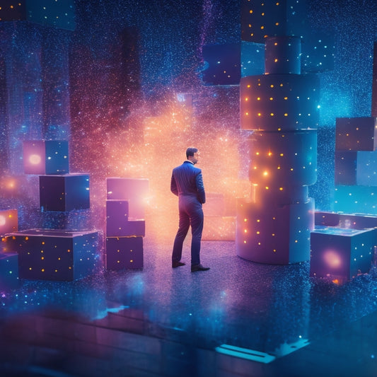 An illustration of a person standing in front of a large, glowing puzzle piece, with smaller puzzle pieces orbiting around them, connected by flowing lines and arrows, symbolizing seamless file sharing.