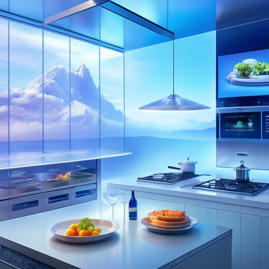 A futuristic kitchen with a large, transparent touchscreen display hovering above a sleek, silver island, surrounded by swirling clouds of digital recipe cards and utensils.
