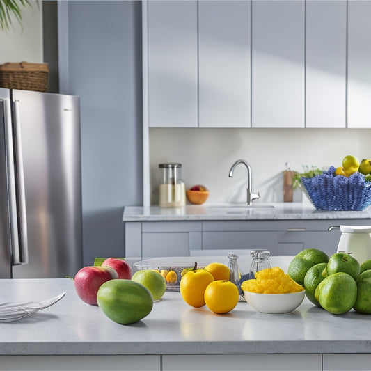 A modern kitchen counter with a sleek, silver refrigerator in the background, featuring three fruit bowls of varying sizes and shapes, each filled with a colorful arrangement of fruits.