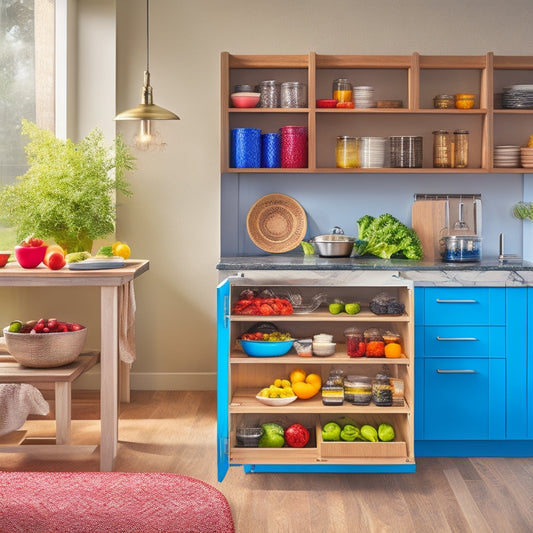 A modern kitchen with sleek roll-out trays, showcasing colorful spices, fresh vegetables, and neatly organized utensils. Soft lighting highlights the contemporary cabinetry, while a cozy dining area with a small table adds warmth.