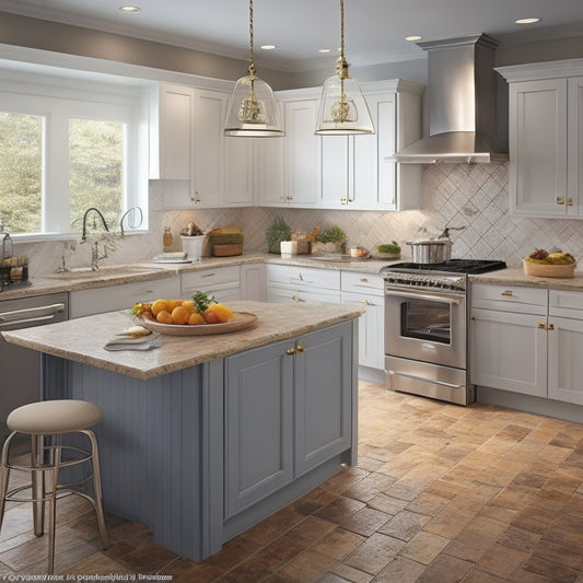 Generate an image of a spacious, well-organized kitchen with a central island, parallel countertops, and a clear "work triangle" formation between sink, stove, and refrigerator, with ample floor space for easy movement.