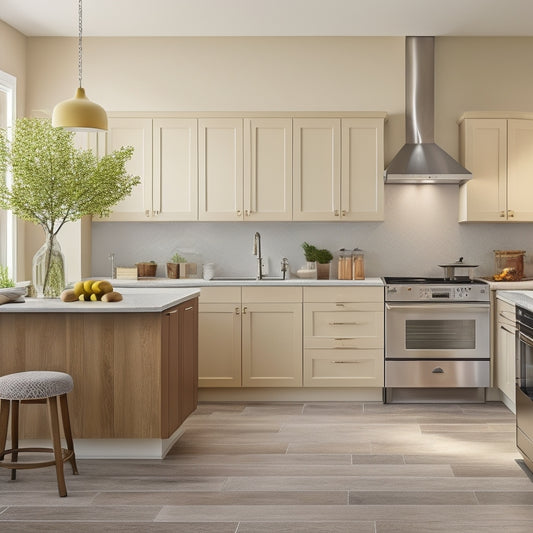 A modern kitchen with sleek countertops, a large kitchen island, and a mix of open and closed storage units, including cabinets, shelves, and drawers, in a warm, neutral color scheme.