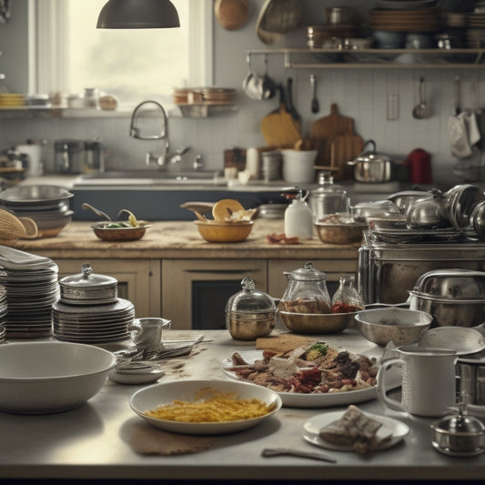 A cluttered kitchen countertop with stacks of dirty dishes, scattered utensils, and appliances in disarray, with a blurred-out chef in the background, looking frustrated and overwhelmed.