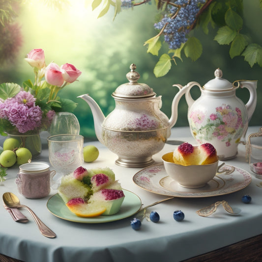 A delicate, dreamy illustration of a breakfast table setting, featuring a teapot, cupcake, and fruit, surrounded by lush greenery and florals, all rendered in soft, blended watercolor hues.