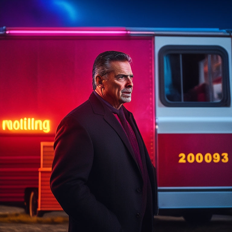 A dramatic, high-contrast image featuring a stern-looking county official in the foreground, standing in front of a blurred-out, colorful mobile food truck with a bold, red "X" symbol overlaid on it.