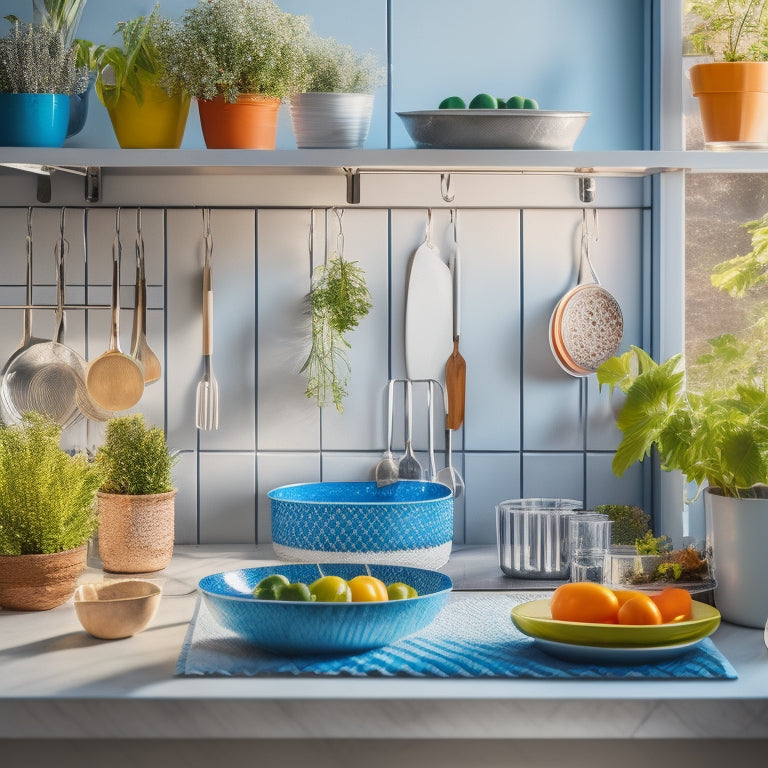 A stylish compact dish rack with a modern design, neatly arranged in a cozy small kitchen. Sunlight filters through a nearby window, illuminating colorful dishware, utensils, and potted herbs, creating a warm, inviting atmosphere.