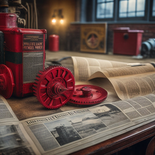 A vintage-style newspaper with a bold, red headline strip, surrounded by scattered manual pages with diagrams of machinery, and a subtle background of industrial-style gears and cogs.