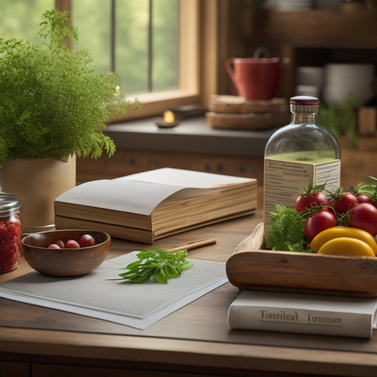 A warm, organized kitchen counter with a wooden recipe box, a few cookbooks, and a small, neat stack of index cards, surrounded by a few fresh herbs and a single, ripe tomato.