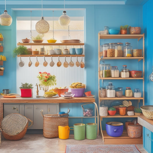 A cozy kitchen with creative storage: magnetic spice jars on a metal strip, hanging pots from ceiling hooks, a rolling cart with colorful baskets, and open shelves displaying vibrant dishware against a warm, inviting backdrop.