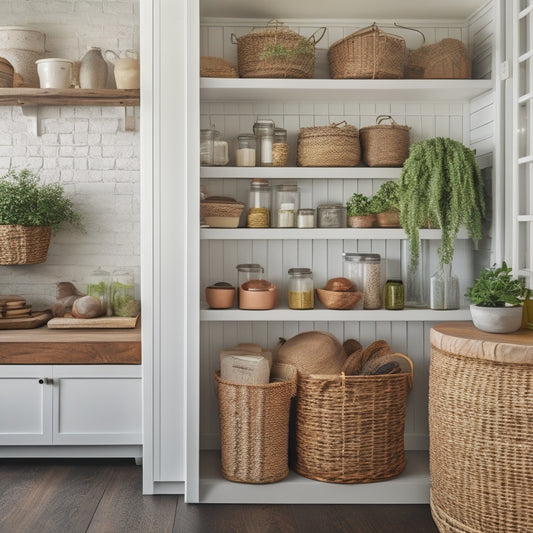 A bright, organized pantry with white shiplap walls, wooden shelves, and woven baskets, featuring a mix of glass jars, copper accents, and a few potted green plants on a rustic wooden countertop.
