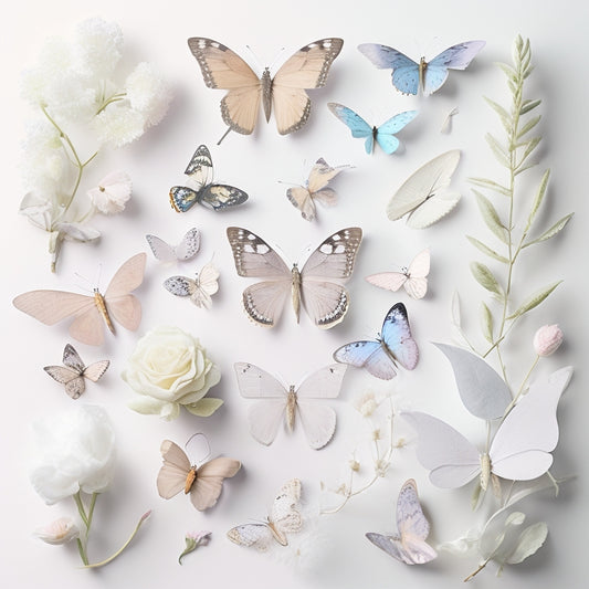 A whimsical collage of 15 delicate butterfly silhouettes in pastel hues, scattered across a soft white background, surrounded by subtle floral patterns and gentle watercolor textures.