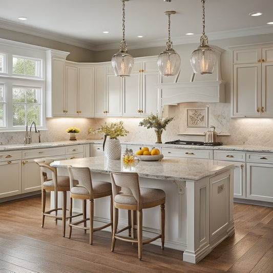 A serene, well-lit kitchen with cream-colored cabinets, sleek marble countertops, and stainless steel appliances, featuring a large center island with a built-in sink and a pendant light fixture above.