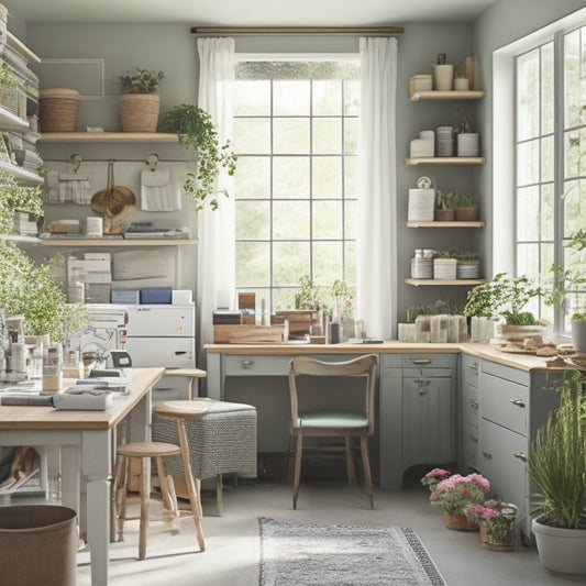 A bright, organized sewing room with repurposed kitchen cabinets in white and gray, filled with neatly stored spools of thread, folded fabrics, and sewing machines amidst a few well-placed plants.