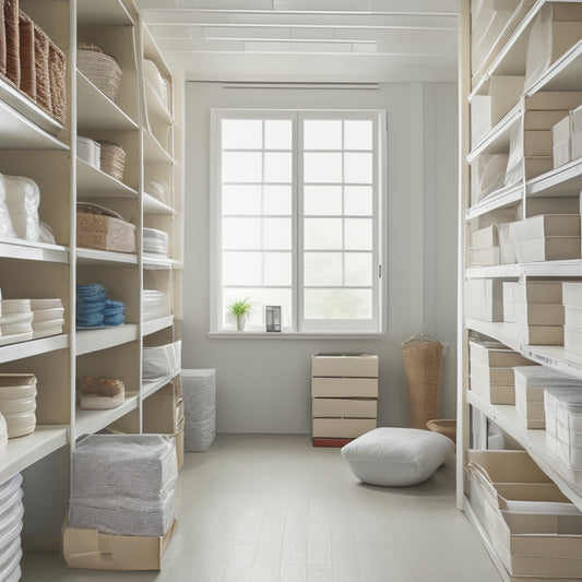 A tidy, well-organized storage room with shelved paper reams standing upright, wrapped in plastic or paper sleeves, surrounded by a calm, white background and soft, natural light.