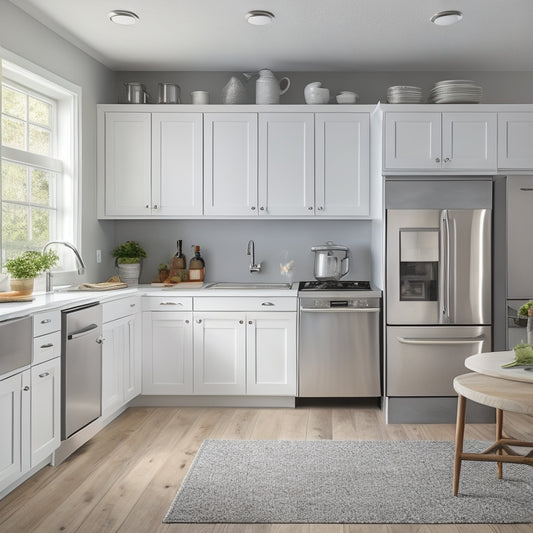 A small, L-shaped kitchen with white cabinets, stainless steel appliances, and pale gray countertops, featuring a mix of open shelves, drawers, and cabinets in various sizes and configurations.