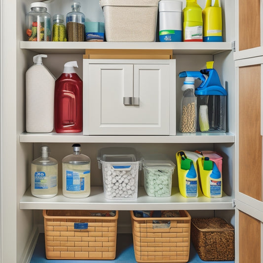A beautifully organized under-sink cabinet featuring tiered shelving, labeled bins, clear containers, and a pull-out trash can, surrounded by vibrant cleaning supplies, all set against a light wood backdrop.