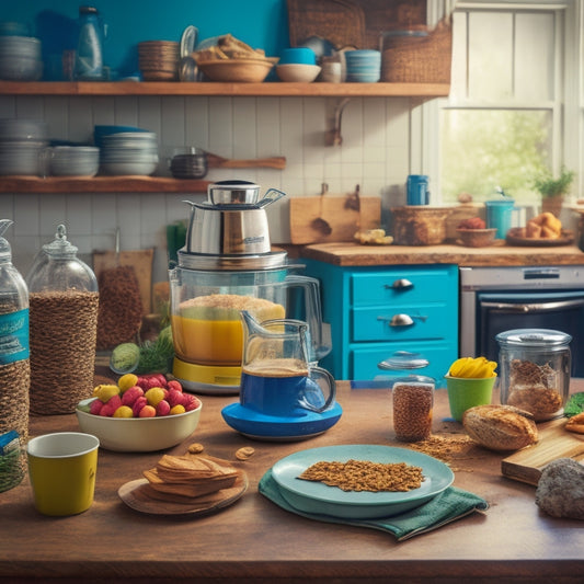 A cluttered kitchen counter with a jumbled mix of appliances, utensils, and snacks, featuring a toaster with crumbs scattered around it, a blender with a stained pitcher, and a pile of dirty dishes.