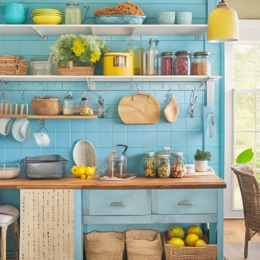A colorful, clutter-free kitchen with a mix of repurposed and DIY storage solutions, including mason jars on a wooden crate shelf, a utensil organizer from a metal wire rack, and baskets hanging from hooks.