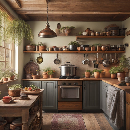 A cozy small kitchen with a rustic ceiling-mounted pot rack elegantly displaying various pots and pans, surrounded by warm wooden cabinets, colorful herbs in pots, and soft, ambient lighting creating an inviting atmosphere.