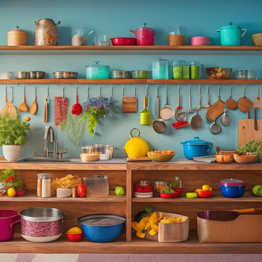 A cozy kitchen scene featuring sleek wall racks filled with colorful spices in jars, hanging pots and pans, neatly organized cutting boards, and a variety of utensils, all set against warm wooden cabinetry.