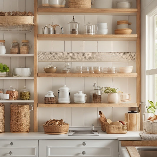A cozy kitchen scene featuring tiered spice racks, hanging mug organizers, under-shelf baskets, and a pegboard with utensils, all set against a bright, airy backdrop of wood and white cabinetry.