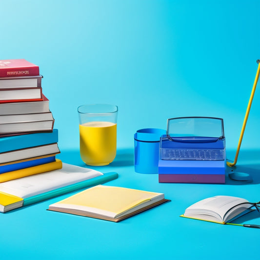 A colorful, clutter-free desk with a few neatly stacked instruction books, a pair of glasses, and a pen lying across a partially open book, surrounded by a subtle, gradient blue background.