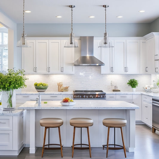 A modern, bright, and airy kitchen with creamy white cabinetry, quartz countertops, and a large center island, surrounded by sleek stainless steel appliances and a stunning pendant light fixture.