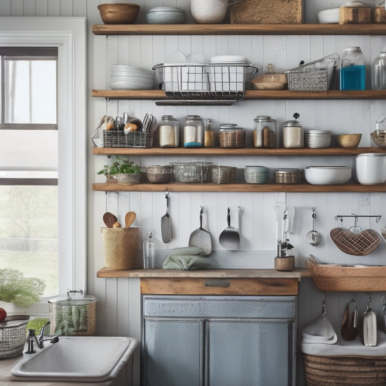 A tidy kitchen with a mix of repurposed and inexpensive storage solutions: mason jars on a rustic wooden shelf, a wire rack above the sink, and a pegboard with hanging utensils and a vintage-inspired metal basket.