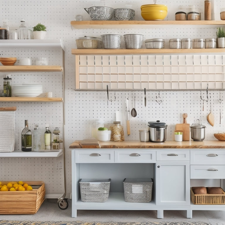 A clutter-free kitchen with a mix of open shelves, baskets, and cabinets, featuring a pegboard with hanging utensils, a magnetic spice strip, and a tiered cart with labeled containers.