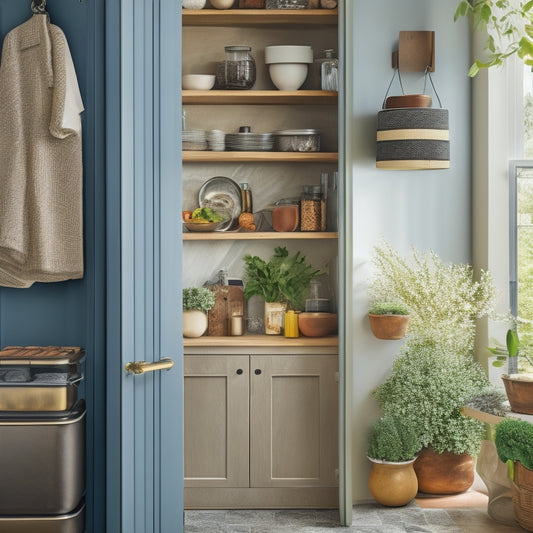 A sleek kitchen doorway adorned with stylish over-the-door organizers: vibrant pots, hanging utensils, and neatly arranged spices, all bathed in warm, natural light, emphasizing a tidy, efficient culinary space.