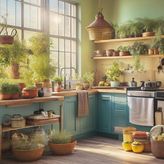 A bright kitchen scene featuring a sleek, multi-tiered rack filled with colorful spices, fresh herbs, and cooking utensils, bathed in warm sunlight, with a wooden countertop and potted plants in the background.