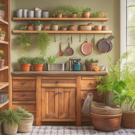 A rustic wooden over-the-door kitchen organizer, adorned with vibrant potted herbs, colorful kitchen utensils, and eco-friendly storage baskets, set against a warm, sunlit kitchen with green plants peeking through a window.