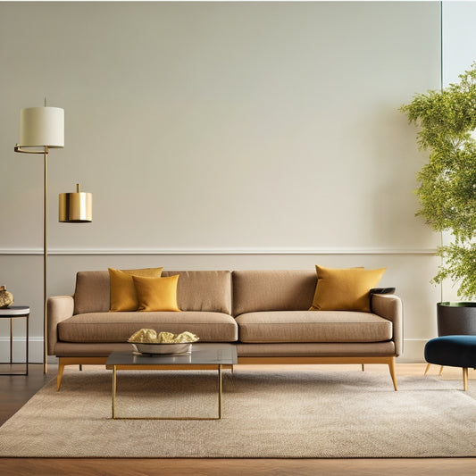 A minimalist, modern living room with a sleek sectional sofa in a rich walnut finish, adjacent to a floor lamp with a brushed gold base and a crisp white shade.